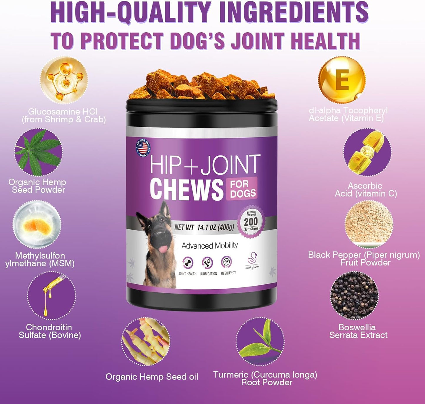 Glucosamine for Dogs 200pcs Joint Support Supplement Dog Hip and Joint Chondroitin Chews Treats with MSM Hemp Dog Joint Pain Relief Mobility Supplements Duck Flavor Fit All Large Small Medium Breed
