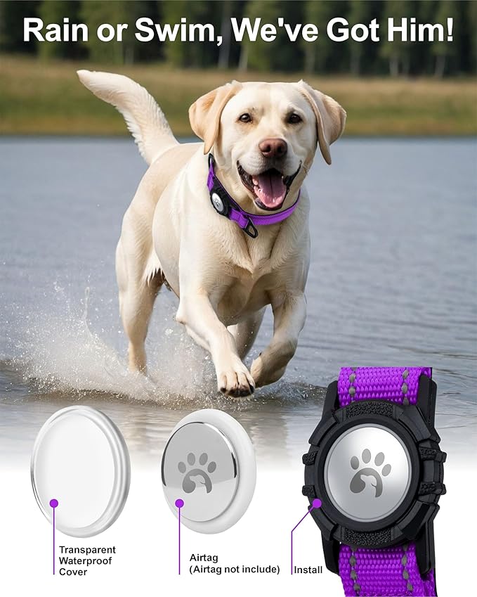 TagME Airtag Dog Collar,Waterproof Reflective Pet Collar with Airtag Holder,Soft Padded and Double D-Rings for Extra Large Dogs,Purple