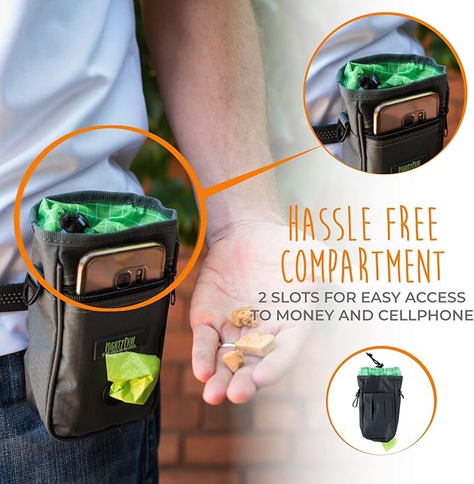 Mighty Paw Dog Treat Bag - Drawstring Closure Pouch - Includes Carabiner Hook and Pick-up Bags - Dog Paw Treat Bag - Pet Training Pouch - (Grey/Green)