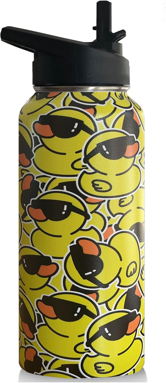 32 oz Duck Water Bottle Insulated Vacuum Stainless Steel Sports Water Bottle with 2 Lids (Straw and Spout Lid) for Gym Camping Hiking