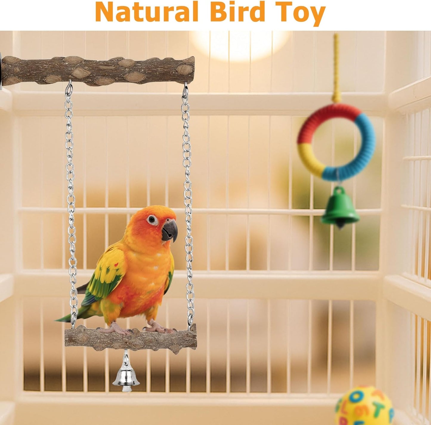 7PCS Bird Perches, Natural Wood Parrot Perch Stand, Bird Perch Chewing Stick Cage Accessories Hanging Multi-Branch Perch Platform Swing Toy for Parakeets, Cockatiels, Small Medium Birds