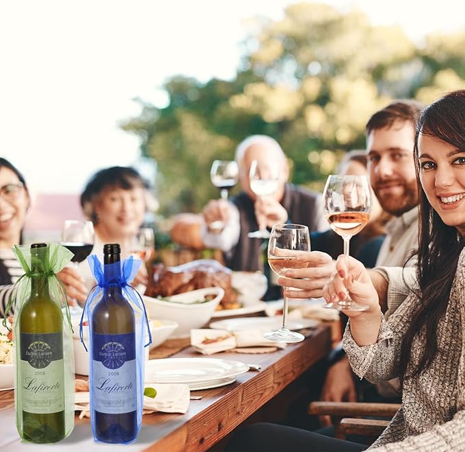 60 Pcs Sheer Organza Wine Bags 14.6 x 5.5 Wine Gift Pouches Sheer Mesh Wine Gift Pouches Reusable Bottle Wrap Bottle Covers Drawstring Gift Wrap Bags Dresses for Wedding Christmas Baby Shower