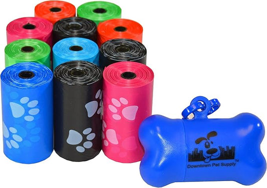 Downtown Pet Supply Poop Bags for Dogs with Dispenser, 220 Count - Leak-Proof Dog Waste Bags and Bone-Shaped Dog Poop Bags Holder for Leash - Rainbow with Paw Prints, 12.5" x 8.5"