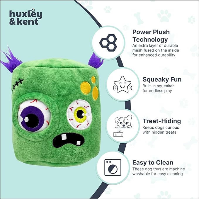Huxley & Kent Dog Plush Toy w/ Squeaker - Interactive Dog Toys For Puppies & Adult Dogs - Diamond Mesh Tech Lined Puppy Plush Toys - Easy-to-Clean Pet Toy (Pop n' Fetch Zombie Pop-Eye,Small)