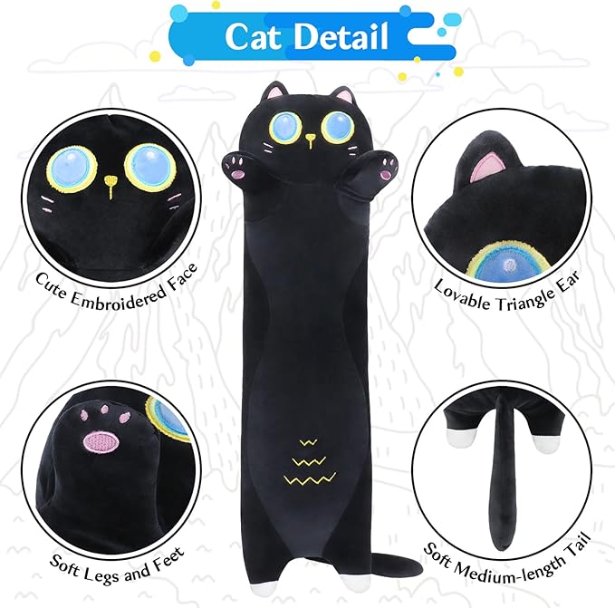Long Black Cat Plush Pillow,35.5" Large Black Cat Stuffed Animal,Weighted Cat Plush,Cuddly Sleeping Hugging Stuffed Animal, Giant Cute Body Pillow,Plush Toy Gift at Birthday Kids Adults