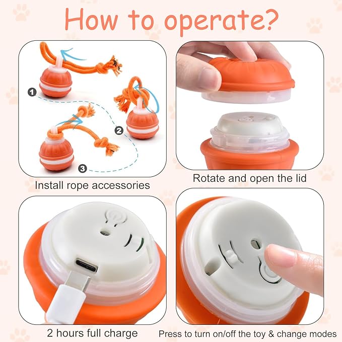 2pcs P06 Interactive Dog Toys Dog Balls, Electric Automatic Moving and Rolling Dog Toy with Rope for Small Medium Dogs, Fun Smart Puppy Toy s for Boredom & Training, Dog Toys to Keep Them Busy (B+O)