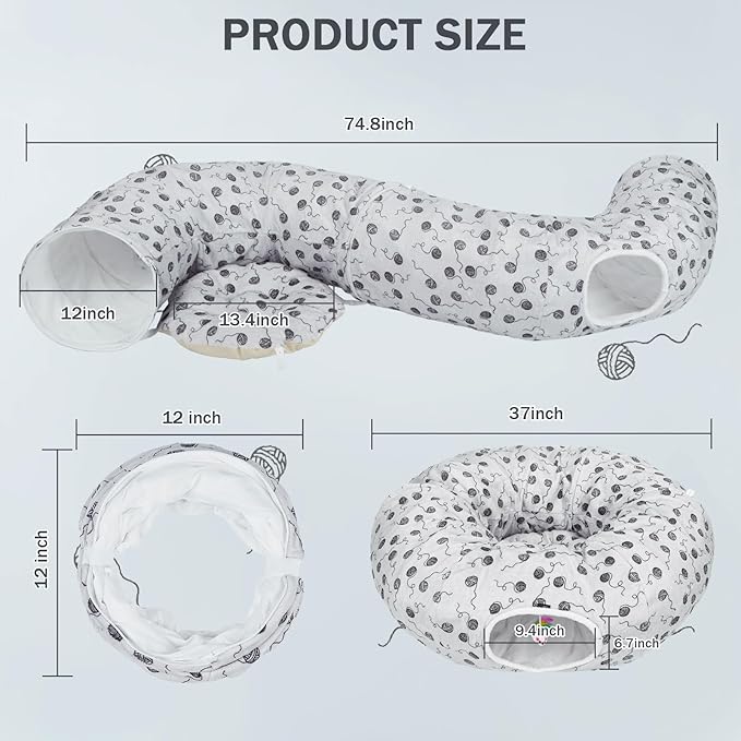 Ownpets Large Cat Tunnel Bed for Indoor Cats, Soft Plush Cat Donut Tunnel with Washable Cushion for Kitten, Puppy, Rabbit, Gray