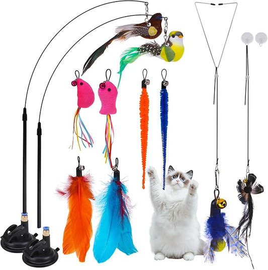 PAWCHIE Cat Toy,Interactive Cat Feather Toy,Suction Cup Cat Bird Simulation Toy Set,Self Play Cat Kitten Toys for Indoor，Cat Wand Toy 10 PCS Cat Feather Replacement Toys,Hanging String and Mouse Toy