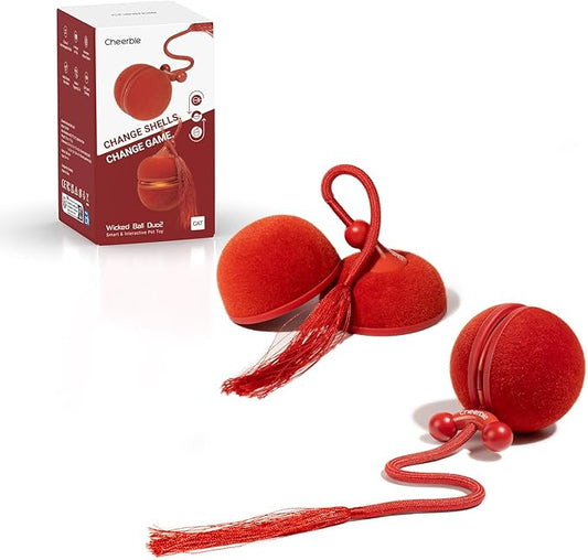 Cheerble Interactive Cat Toys for Indoor Cats - Wicked Ball Duo 2 Automatic Cat Toy with Dual Interchangeable Shells, Electronic Pet Toy with Bird Chirping Sounds, Rolling Cat Toy for Kittens, Red