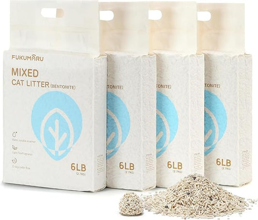 FUKUMARU Mixed Tofu Cat Litter, Strong Clumping Cat Litters, Effective Oder Control, Dust Free and Ultra Absorbent Flushable Bentonite White Tea Cat Litter, Direct to Toliet, 24 LB(4 Packs)