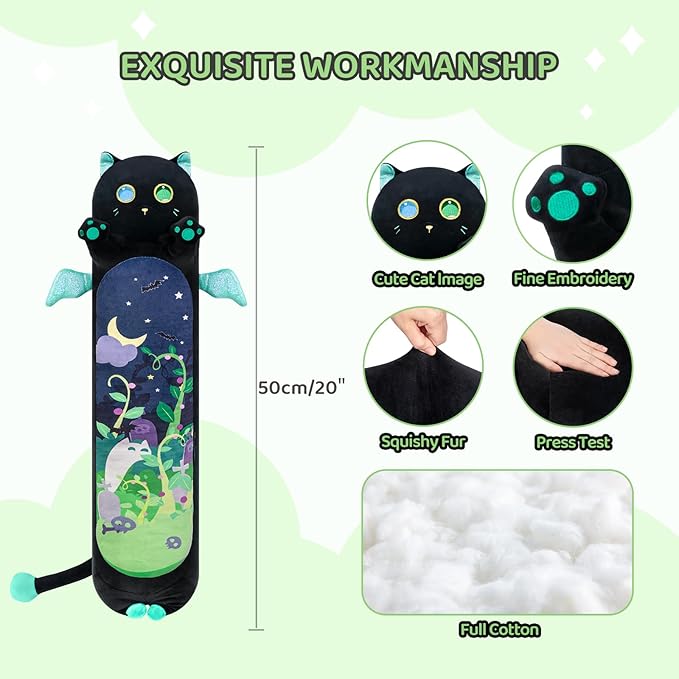 Long Cat Plush Body Pillow, 20” Cute Black Cat Stuffed Animals Kawaii Plushies, Squishy Body Pillow Plush Toys Gift for Kids Girls Boys