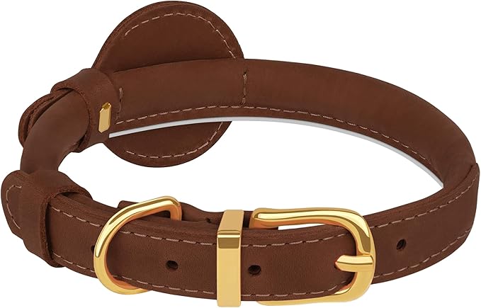 OOPSDOGGY Rolled Leather Dog Collar with Airtag Holder - Reflective Round Airtag Dog Collar - Soft Tracking Pet Collar for Small Dogs Puppy Cats Kitten (Brown, XL, 17"-21")