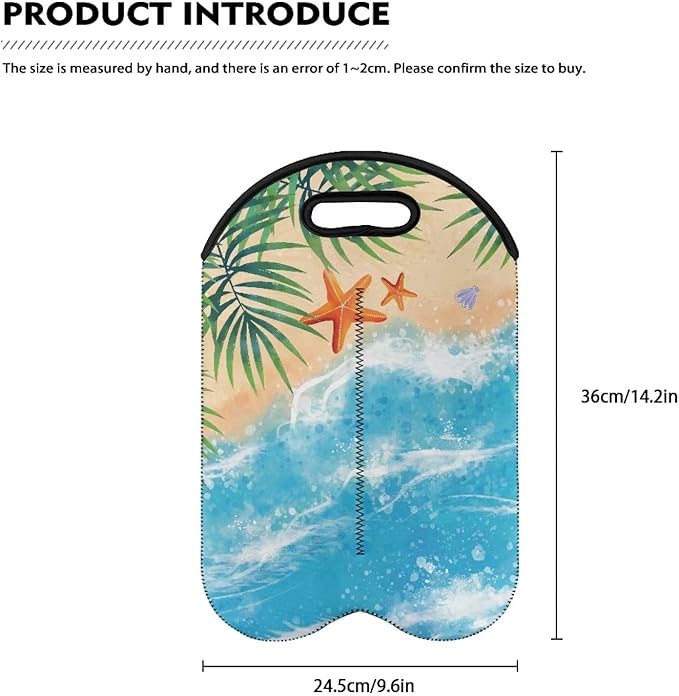 doginthehole 2 Bottle Wine Carrier Beach Theme Travel Insulated Wine Carrying Case Cooler Tote Bag Wine Bottle Holder Neoprene Champagne Bottle Protective Bag Wine Accessories Gift for Women Men