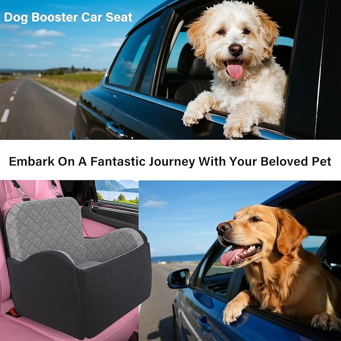 Dog Booster Car Seat, 6in Memory Foam Adjustable Booster Cushion for Small/Medium Dogs, Detachable and Washable Dog Car Seat with Cooling Mat, Pet Booster Seat with Storage Pockets, 2 Safety Belts