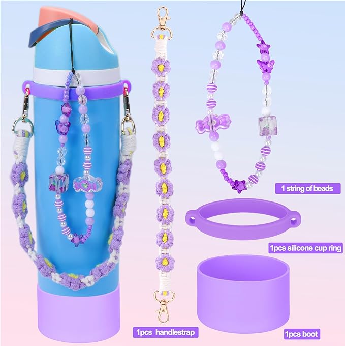 Mity rain Water Bottle Accessories Set for Owala, Including Water Bottle Handle Strap, Charms,Bohemian Style Personality and Easy to Carry (Purple, 24oz)