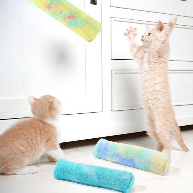 Civaner 6 Pcs 10.6 Inch Cat Catnip Toys Interactive Kitten Kicker Toy Soft Plush Cat Pillow Sticks Kitten Chasing Chewing Exercising Catnip Toy Indoor(Yellow,Mint Green,Blue,Fresh)