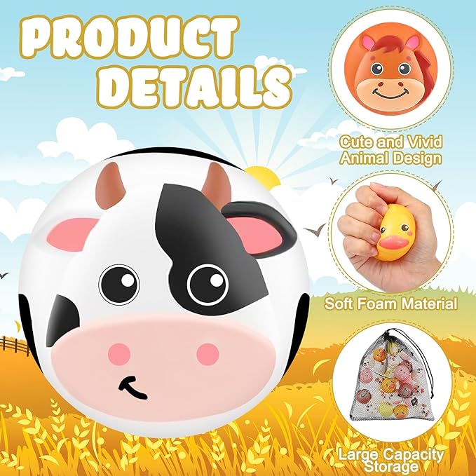 HyDren 24 Pcs Animal Stress Balls Bulk 2'' Cute Farm Animal Party Favors Baby Shower Squeeze Ball Mini Foam Stress Fidget Toys with Bag for Kids Adults Christmas Birthday School Gift, 8 Styles