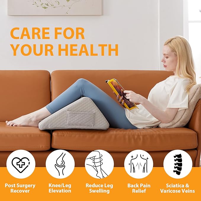 Knee Wedge Pillow, 8" Wedge Pillow for Knee Pain Relief, Premium Memory Foam Knee Pillow for Back Sleeping, Triangle Wedge Pillow for Leg Elevation, Back Pain, Sciatica, Hip Support, Grey