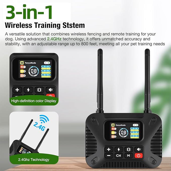 Wireless Dog Fence 2.4GHz Electric Fence for Dogs Wireless Fence for Dogs Portable Electric Dog Fence with Waterproof and Rechargeable Dog Training Collar (1 Controller & 3Collar)
