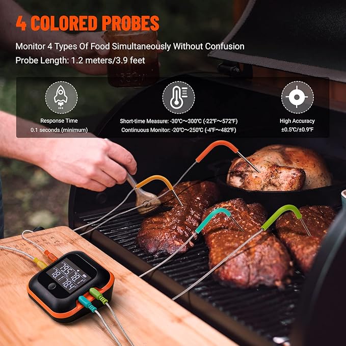 Inkbird 150ft Bluetooth Meat Thermometer with 4 Colored Probes, Temperature Graph Real-time Check & Download BBQ Grill Thermometer for Kitchen Food Smoker Thermometer IBT-24S, Rechargeable