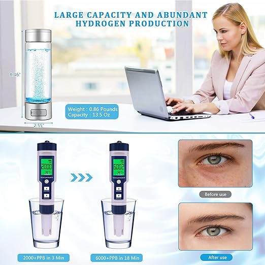 Hydrogen Water Bottle,Real Pure 6000+ PPB Upgraded Hydrogen Water Bottle Generator,2000+ PPB in 3 Min Portable Water Ionizer,Hydrogen Water Machine with Exhaust Hole,Advanced SPE/PEM(Silver)