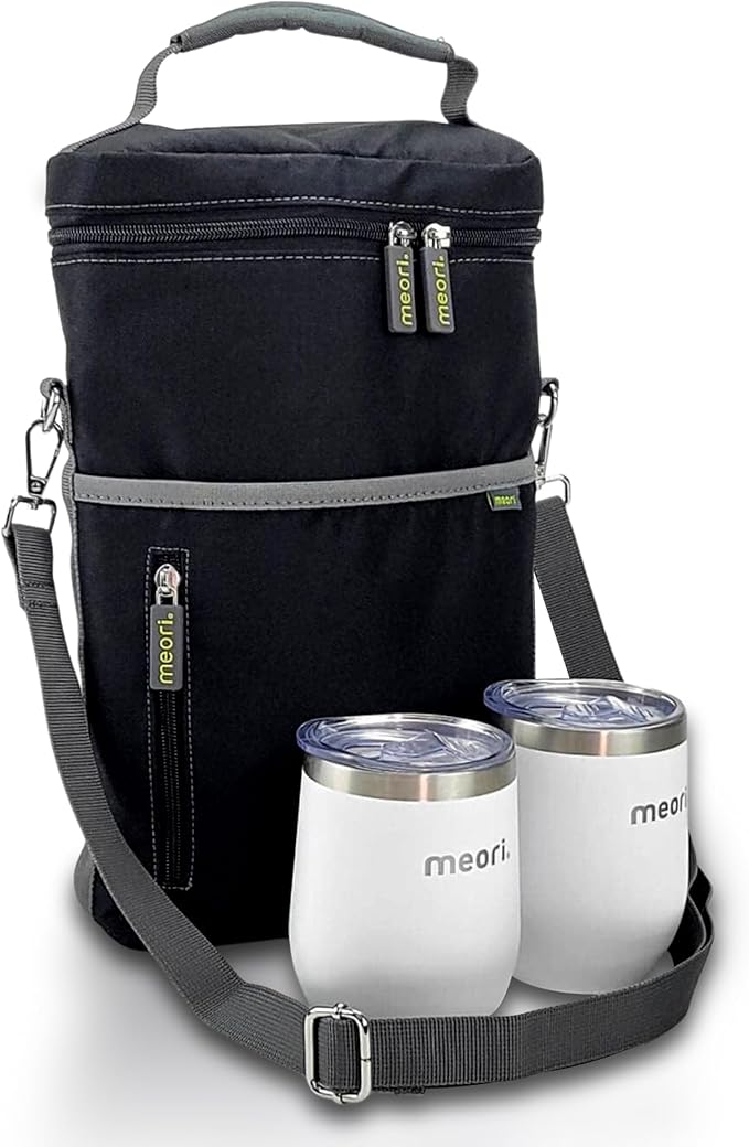 meori 2-Bottle Insulated Wine Tote + Tumbler Set with Lids Bundle Gifts for Wine Lover | Lava Black