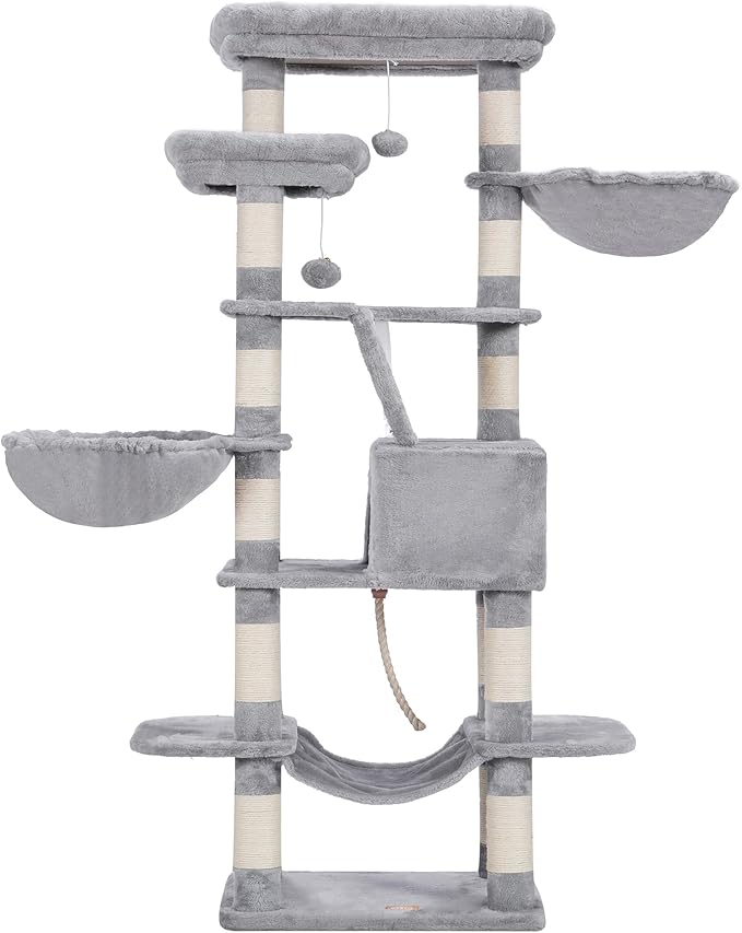 Heybly Cat Tree, 68 inch Multi-Level Cat Tower for Indoor Cats, 2 Widened Plush Perches Cat Condo with Scratching Board and Big Caves, Light Gray HCT025W