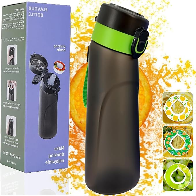 Air Water Bottle,750ML Scent Water Cup with 3 Flavour Pods,Leak Proof Sports Water Cup with Straw Suitable for Outdoor Sports,Gifts From Friends, Birthday Gifts (New Blackgreen + 3pods)