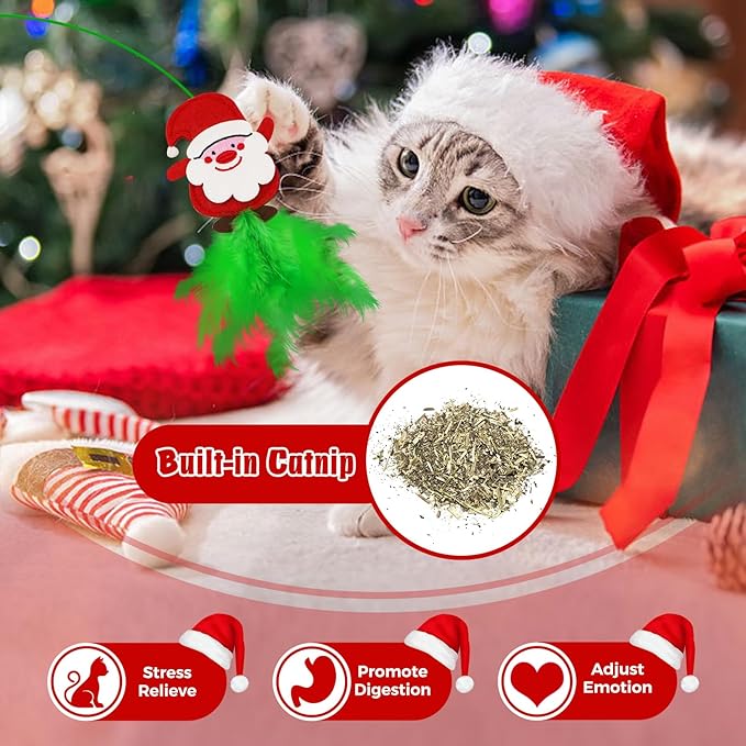 Cat Wand Toys - 4 Pack Wand Toys for Indoor Cats, Catnip and Feather Cat Gifts for Christmas Kitten