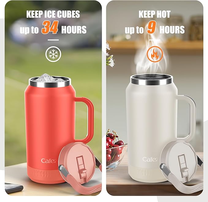 64oz Stainless Steel Water Bottle with Flip Straw - Leak-Proof, Sweat-Free, Top and Side Handle, Anti-Slip Base, Iced for 34 Hours, Dishwasher Safe - Water Jug for Sports Events, Beach Days