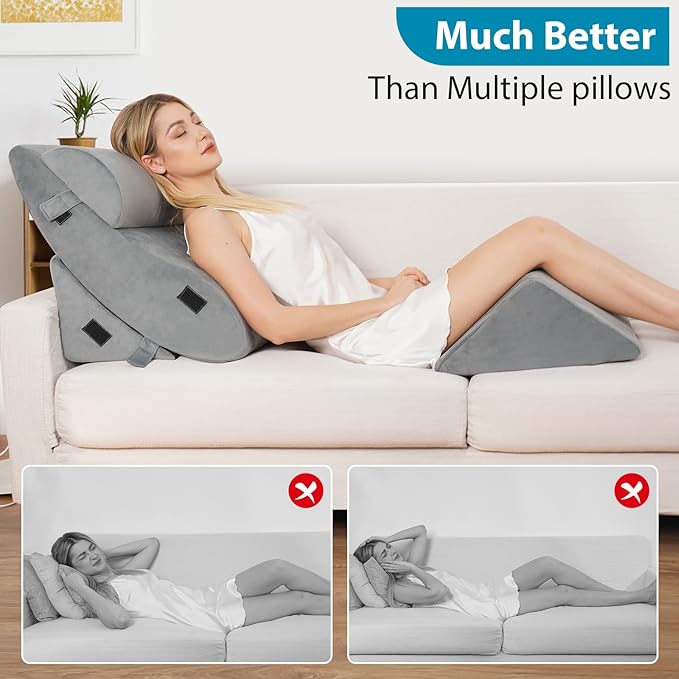 4pcs Wedge Pillow Headboard Set. Comfortable Sleep and Rest Relieves Back and Leg Pain, Aids in Acid and Gastro-Oesophageal Reflux Relief, Reduces Snoring - Grey