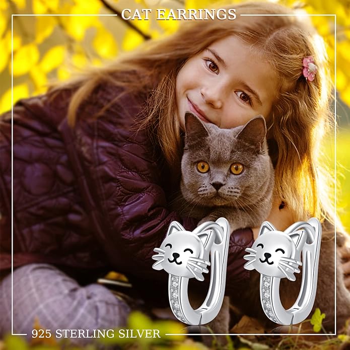 925 Sterling Silver Cat Earrings Cute Animal Kitten Stud Earrings cat Jewelry Gifts for Women Girls Hypoallergenic Earrings for Sensitive Ears
