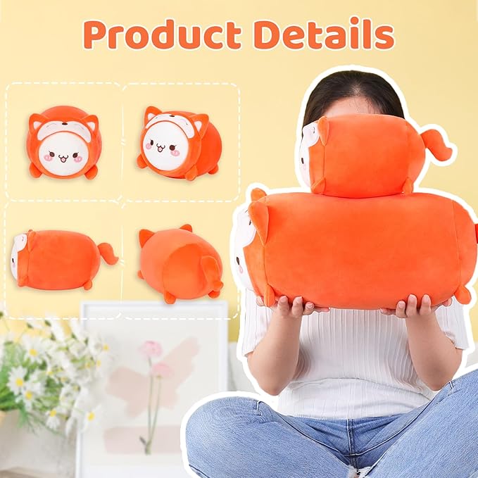 AIXINI Cute Cat Fox Plush Pillow 15.7” Kitten Foxes Stuffed Animal, Soft Kawaii Cat Plushie with Fox Outfit Costume, Hugging Plush Squishy Pillow Toy Gifts for Kids