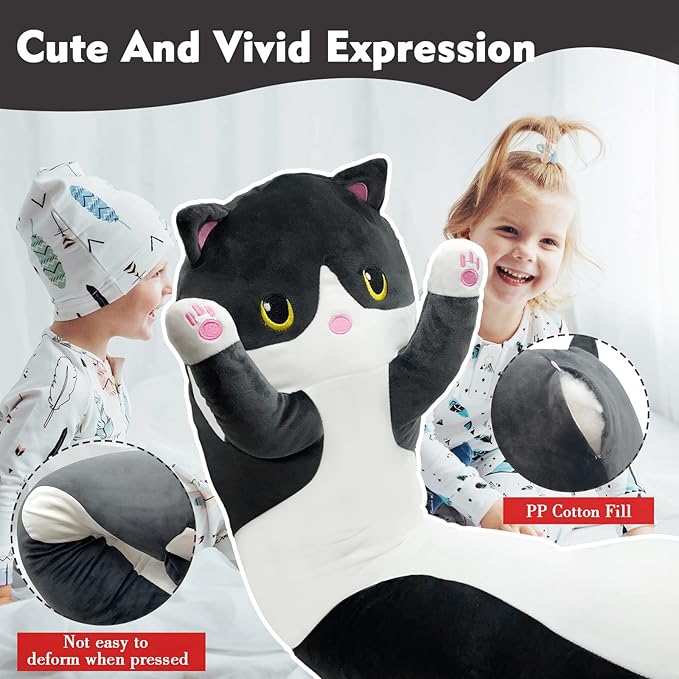 Long Cat Plush Pillow, 19.6in Cute Black Cat Plushie Stuffed Animals Body Pillow, Kawaii Kitten Soft Plushie Doll Toy Birthday Gift for Kids Girlfriend