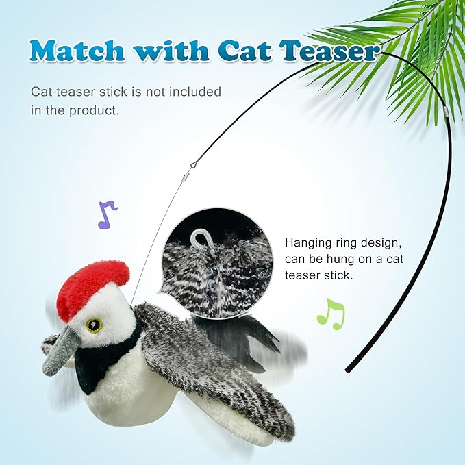 LEWISER Cat Toys, Flapping Wings Cute Woodpecker, No Flying, Chirping Bird Interactive Catnip Toy for Kitten or Small Dogs, Touch Activated, Rechargeable