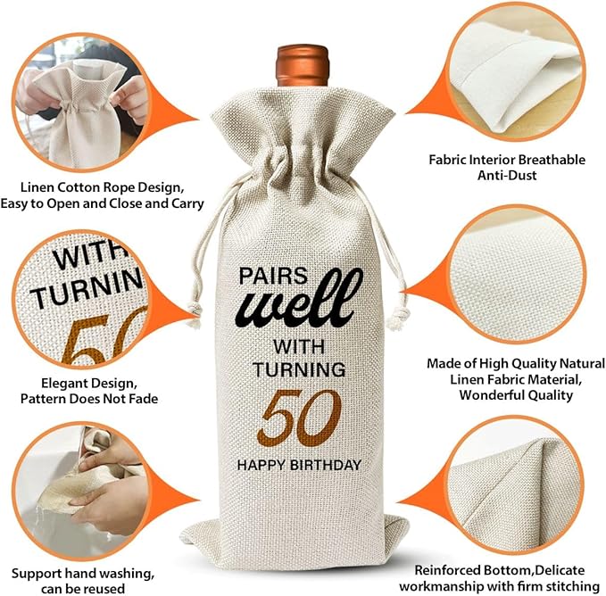 50th Birthday Wine Gift Bag For Best Friend Mom Dad Women Men, 1974 Birthday Idea Gift, 50th Anniversary Wine Bag, 50th Birthday Party Decor, Drawstring Burlap Wine Bottle Bag