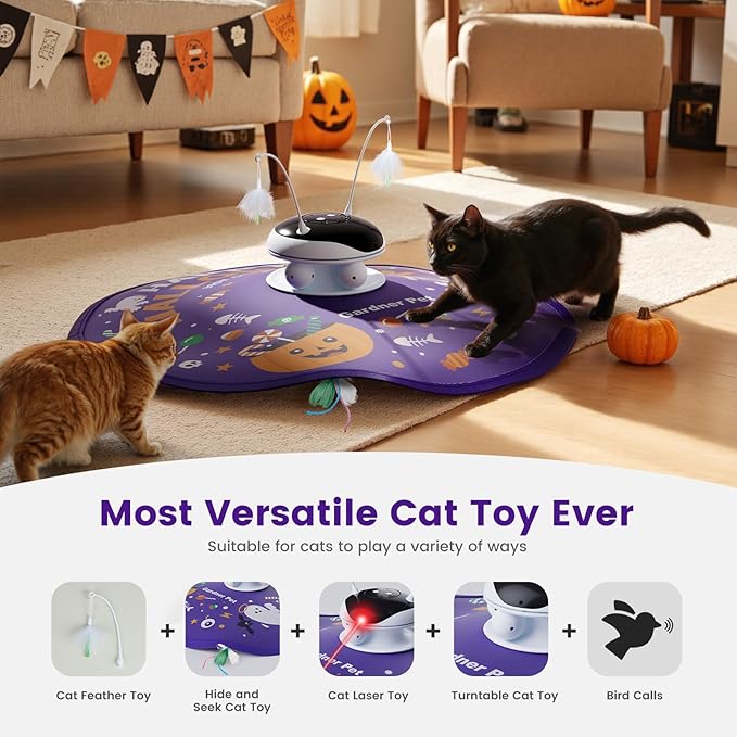 Gardner Pet Halloween Cat Laser Toys, Chargeable 5 in1 Hide and Seek Automatic Interactive Cat Toy, Moving Ambush Feather, Track Balls,Indoor Exercise Kicker 24 inch Cover for All Breeds, Chirping
