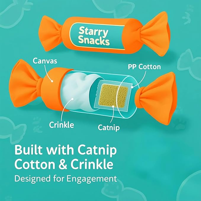 Catnip Candy Toys for Indoor Cats – 3-Pack Crinkle Cat Toys with Catnip Pouches, Durable Canvas & Soft Filling, Cat Chew Toys for Kittens & Adults (Yellow)