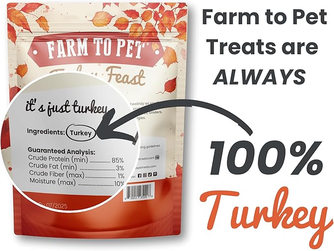 Farm To Pet Turkey Feast Chips Dog Training Treats - Turkey Chips, Single Ingredient, Lean, All Natural, Healthy Treats for Small, Medium, Large Dog Breeds, & Puppies, Made in USA