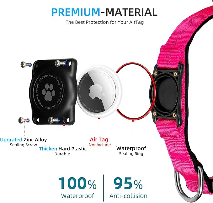 Upgraded AirTag Dog Collar, IP68 Waterproof Air Tag Dog Collar Holder, Reflective, Ultra-Durable, Comfortable Padded, Heavy Duty Dog Collars for Small Medium Large Dogs (XS (10.25"-13"), Hotpink)