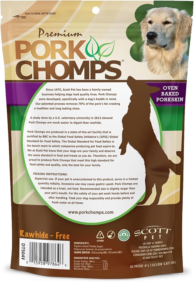 Pork Chomps Baked Pork Skin Dog Chews, 6-inch Twists, Real Sweet Potato Wrap, 4 Count (Pack of 2)
