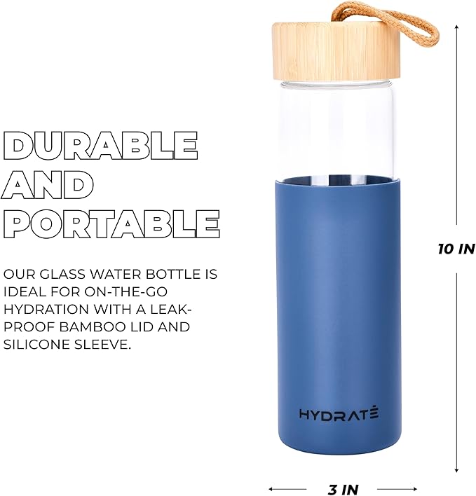 HYDRATE Glass Water Bottle, 25 oz - Gym Drinking Bottles with Slip Resistant Silicone Sleeve and Leak Proof Bamboo Lid - Clear Sports Bottle Made of Borosilicate Glass (10 x 3 inches, Blue)