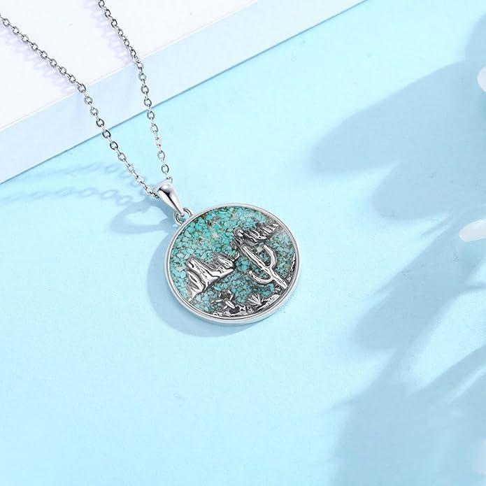 Midir&Etain Western Necklace 925 Sterling Silver Turquoise Pendant Cow Skull/Hat/Tag/Cactus Cowgirl Country Jewelry for Women Men