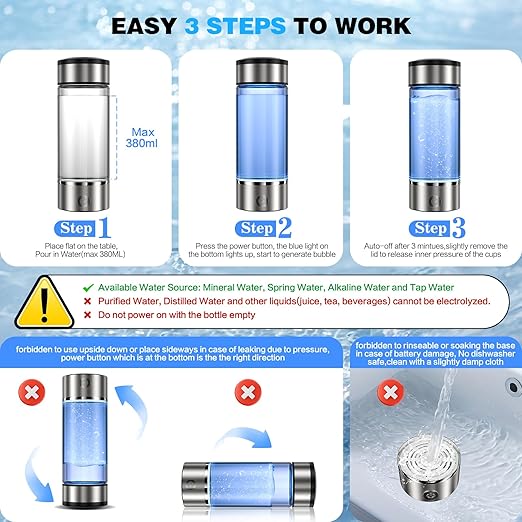 Hydrogen Water Bottle, 14OZ Portable Hydrogen Water Bottle Generator, 3 Min SPE PEM Technology Hydro Infused Water Ionizer, Glass Hydrogen Water Machine, Gift for Home, Office, Travel-Silver