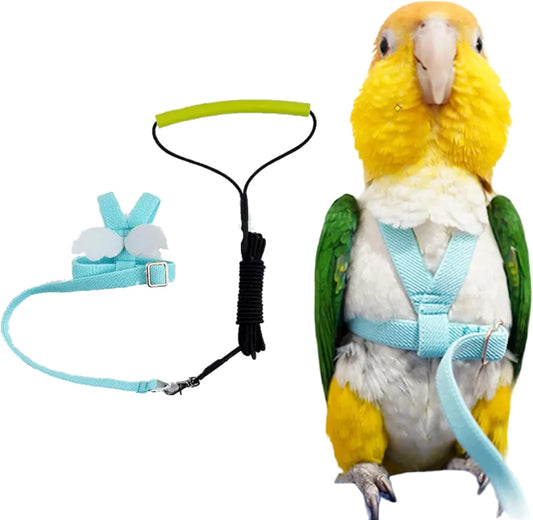 Pet Parrot Bird Harness Leash Adjustable Bird Flying Harness Traction Rope with Cute Wing for Parrots Pigeons Budgerigar Lovebird Cockatiel Mynah Outdoor Training Toy (XL, Blue)