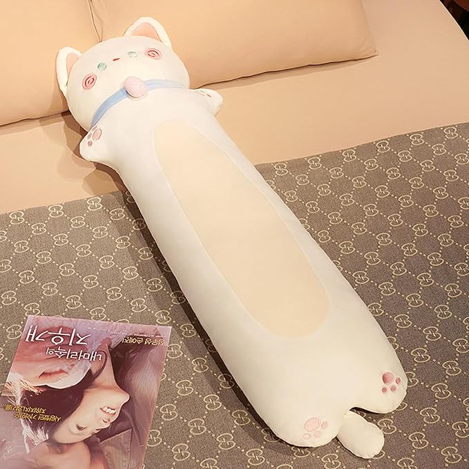 Long Cat Plush Pillow, 27.6inches White Cute Cat Plushie Stuffed Animals Body Pillow, Kawaii Kitten Soft Plushie Toy Doll Birthday Gift for Kids Girlfriend