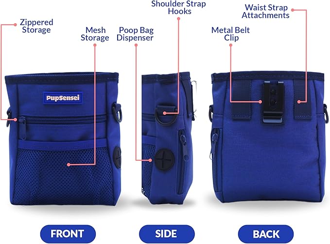 Dog Treat Pouch, Durable Oxford Polyester, No-Spill Magnetic Closure, Treat Pouches for Pet Training with Metal Clip, Waist Belt, Adjustable Strap, Poop Bag Dispenser (Navy Blue)