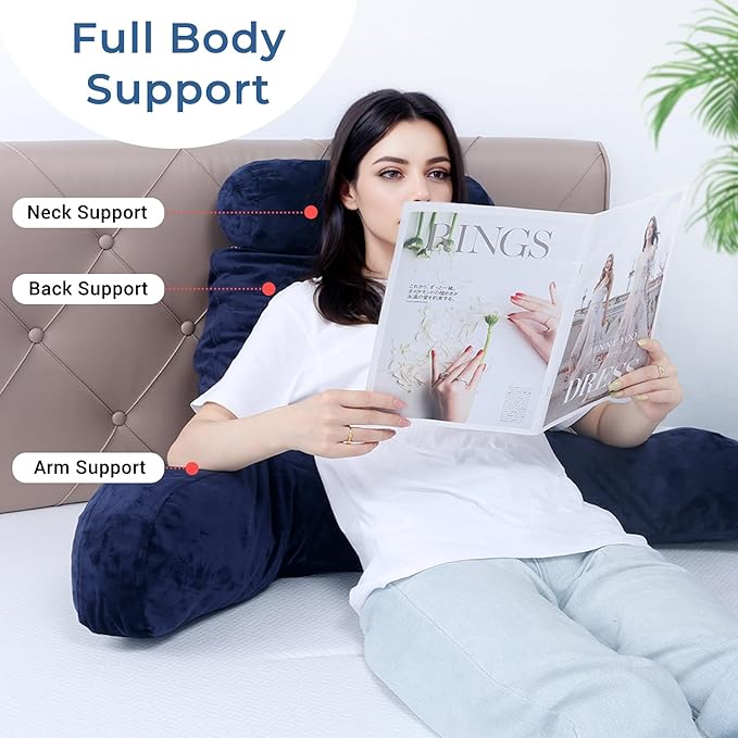 COOLBEBE Reading Pillow for Bed Backrest Pillow for Bed Sitting Up Adult with Arms Navy Back Support Pillow with Headrest & Pockets, Removable Washable Cover and Detachable Neck Roll(Extra Large 27")
