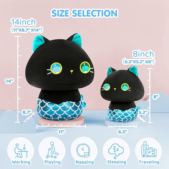 Squishy Cloud-Like Softness, Trending Kawaii Mermaid Cat Mushroom Plush Pillow, A Must-Have Collectible for Young Adults, Perfect for Kids, Toddlers Girls, Stuffed Animal Decor (8")