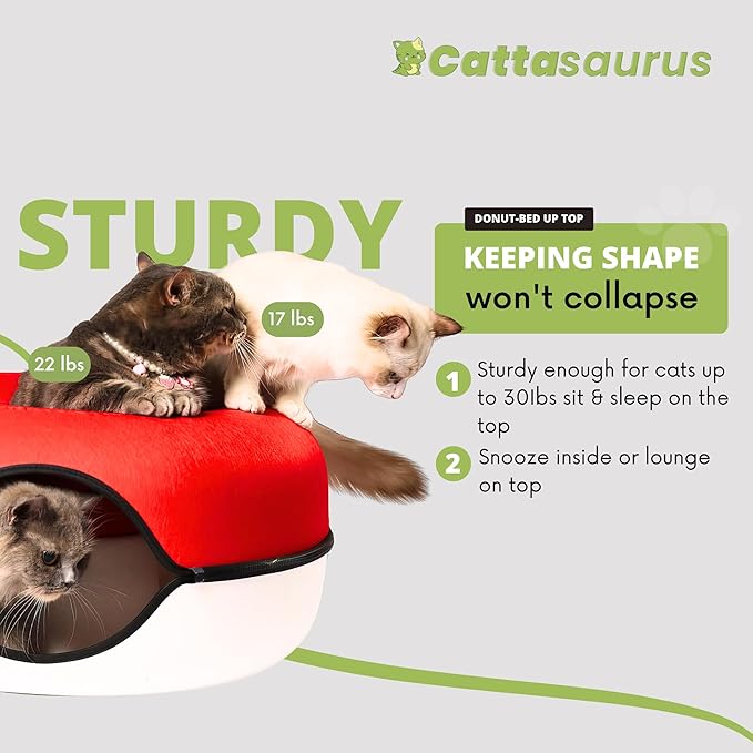 Cattasaurus Peekaboo Cat Cave, Extra Spacious for Multiple & Large Cats 12+ lbs, Scratch Detachable Cat Beds for Indoor Cats, Washable Tunnel Bed, Comfy Donut Tunnel (Ruby Snowball, Jumbo)